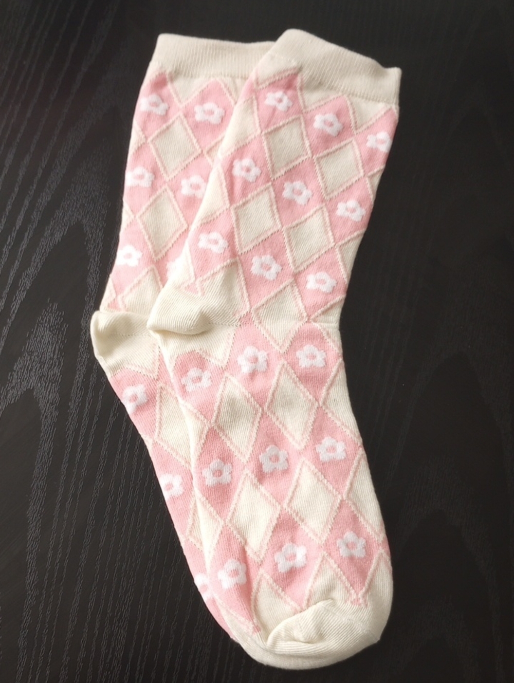 Pink & Cream Argyle Floral Crew Mid-calf Socks